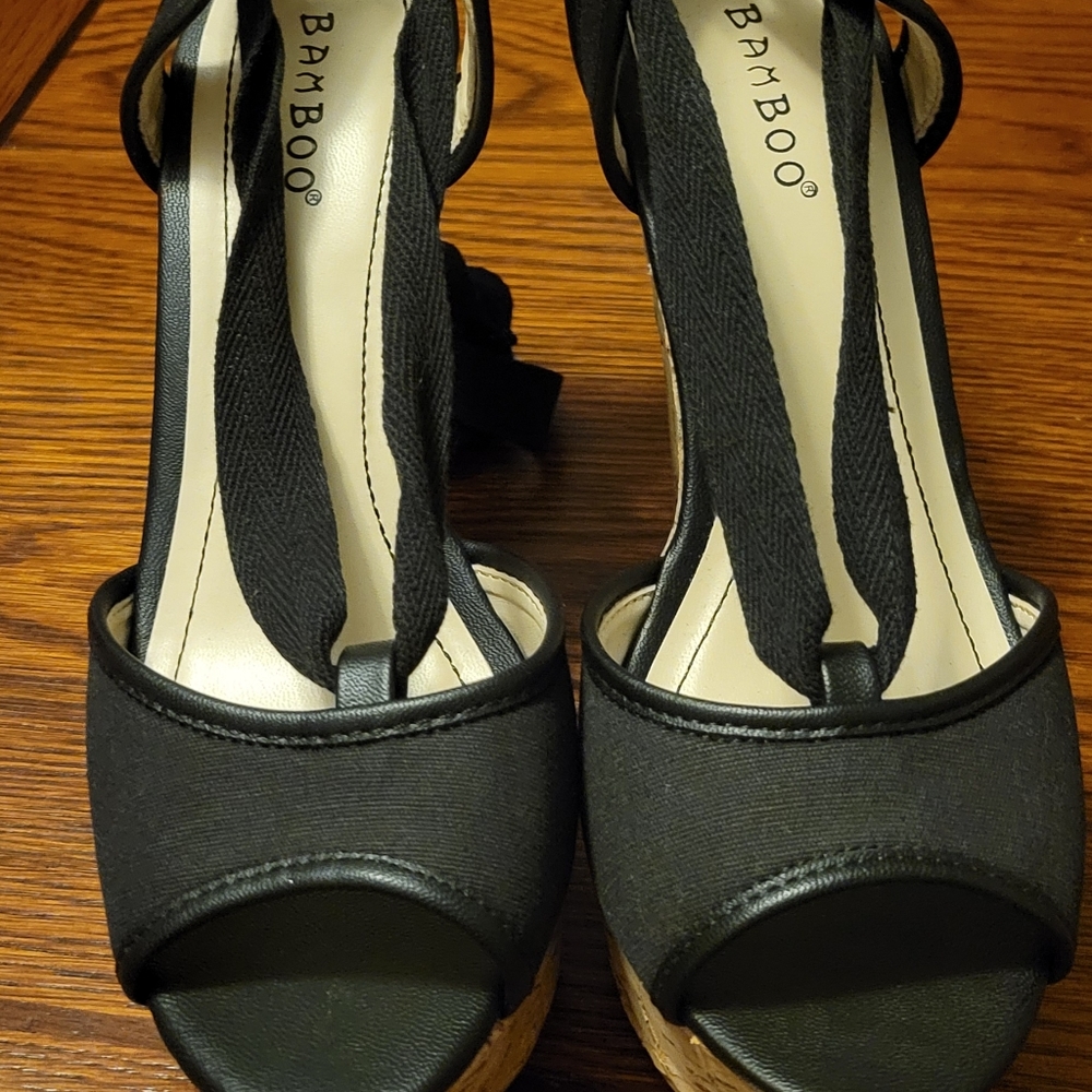 COPY - Women's Black Wedge Heels that tie around the ankle.